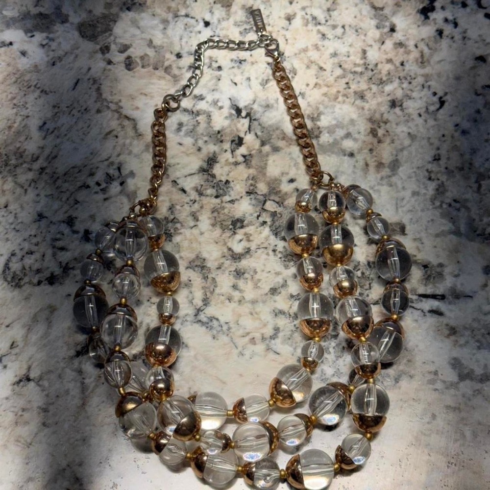 Mika triple strand gold and clear glass beaded vintage necklace